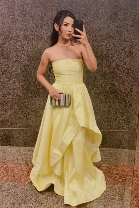 Yellow Satin Strapless Layered A-line Gown