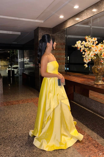 Yellow Satin Strapless Layered A-line Gown