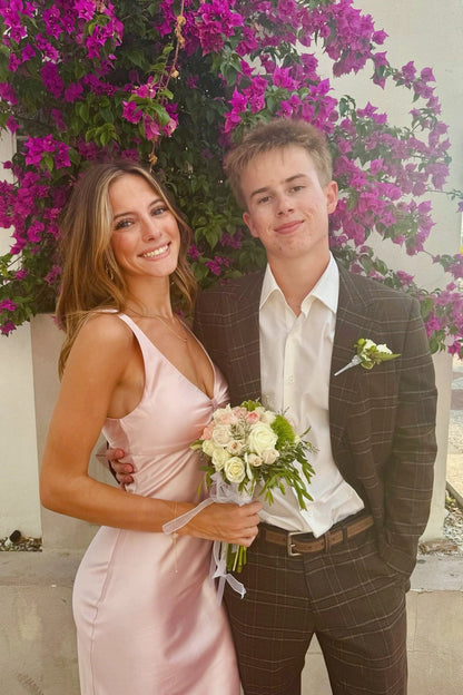 Pink Straps V-neck Cut Prom Dress