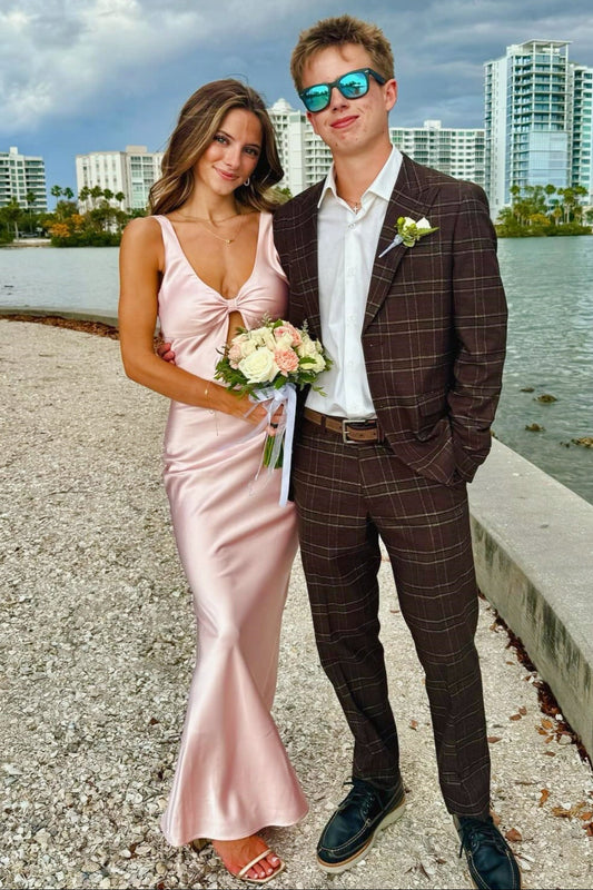 Pink Straps V-neck Cut Prom Dress