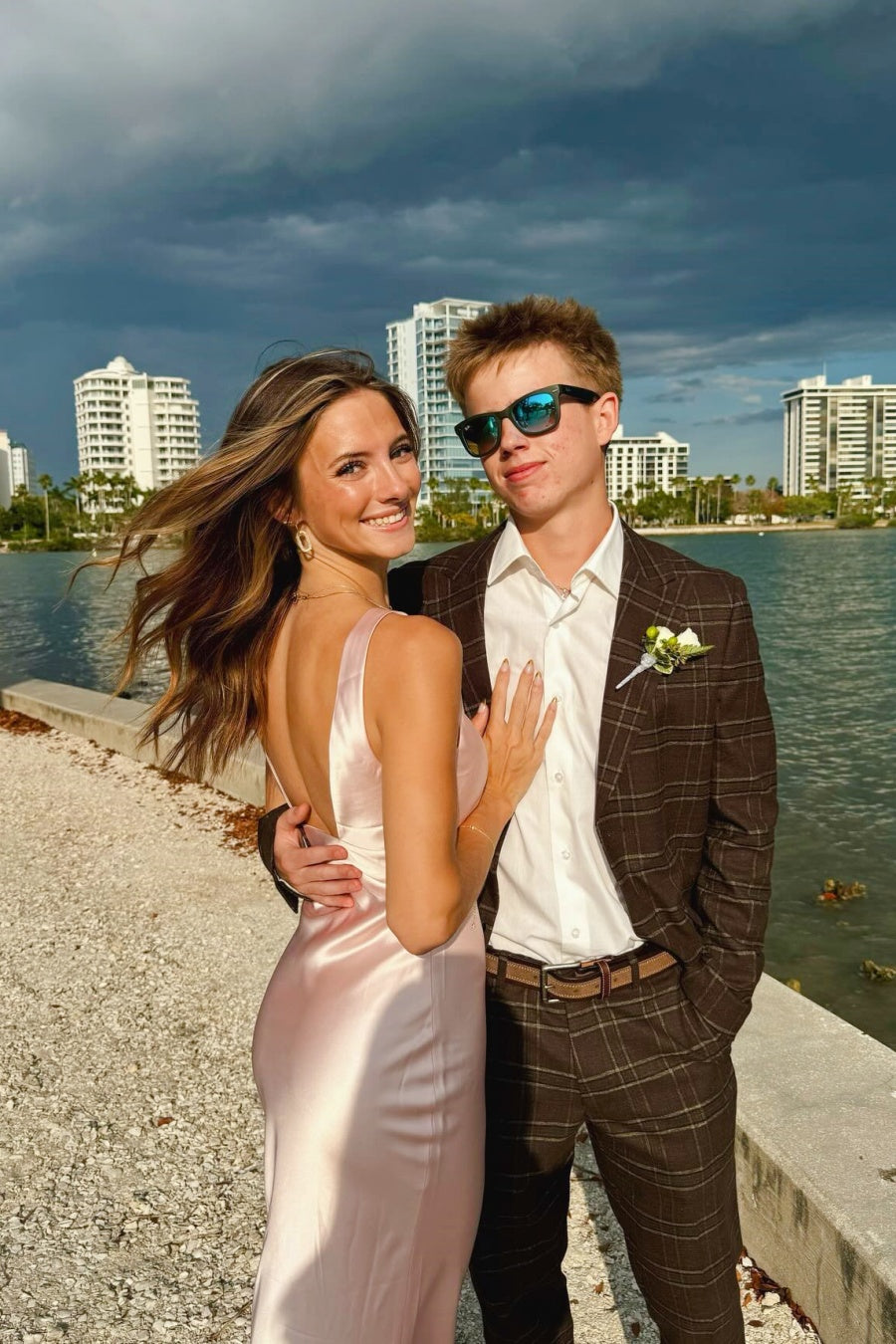 Pink Straps V-neck Cut Prom Dress