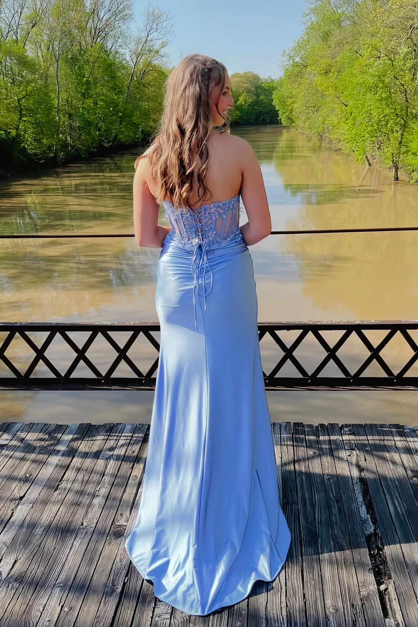 Strapless Red Sheet Appliques Fitted Long Prom Dress