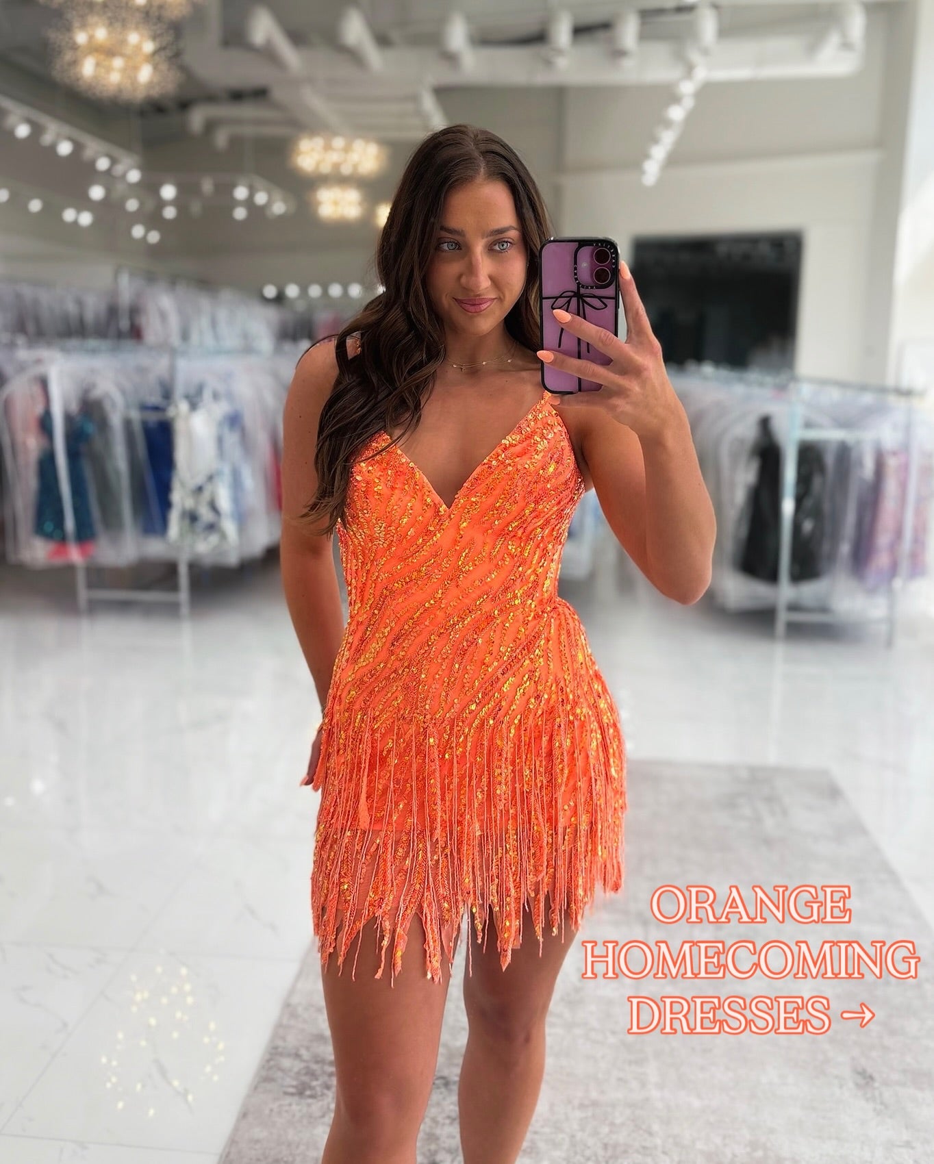 Sparkly Sheath Spaghetti Straps Orange Sequins Short Homecoming Dress with Tassel