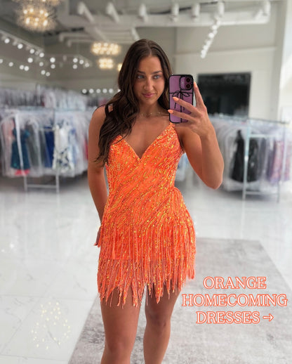 Sparkly Sheath Spaghetti Straps Orange Sequins Short Homecoming Dress with Tassel