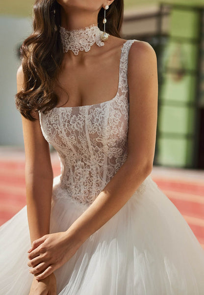 Spaghetti Straps Square Corset Tulle Wedding Dress