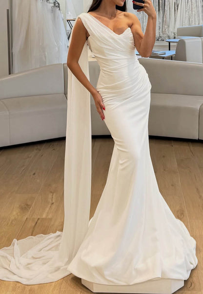 One Shoulder Sleeveless Ruched Wedding Dress
