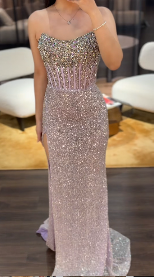 Glam Strapless Sheath Long Prom Dresses, Tulle Beaded Pink Evening Dresses with Slits