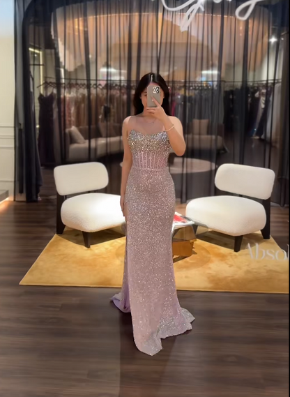 Glam Strapless Sheath Long Prom Dresses, Tulle Beaded Pink Evening Dresses with Slits