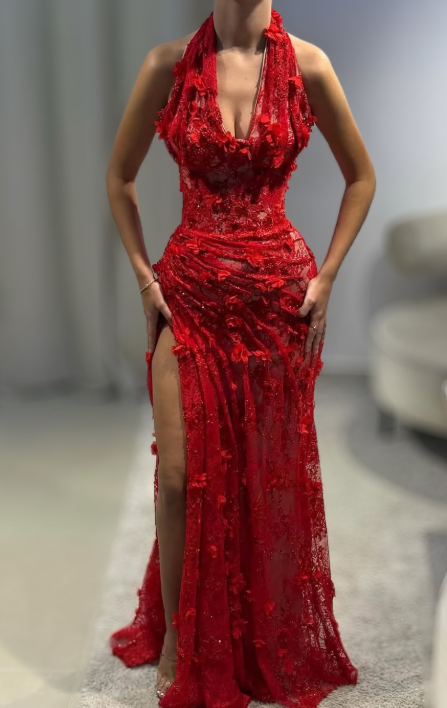 Sexy Sheath Red Long Prom Dresses Lace Appliques Sleeveless Evening Gowns with Slits