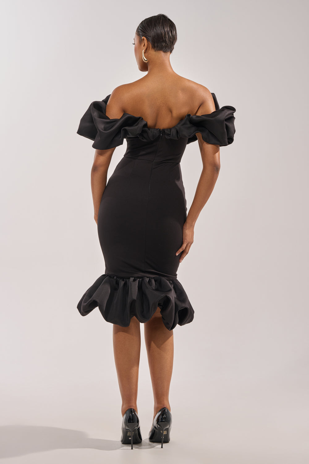 Black Ruffle Off-the-Shoulder Midi Dress