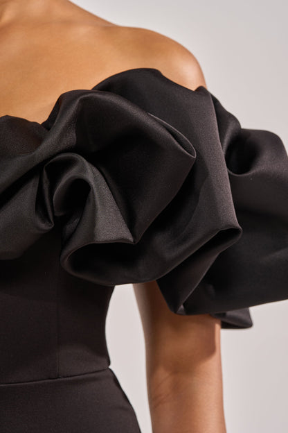 Black Ruffle Off-the-Shoulder Midi Dress