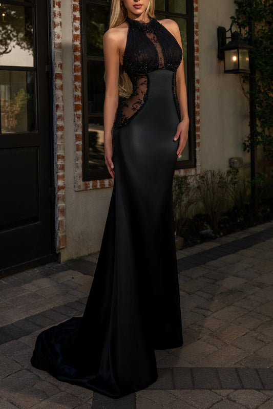 Black Halter Neck Lace Illusion Satin Mermaid Evening Gown with Train