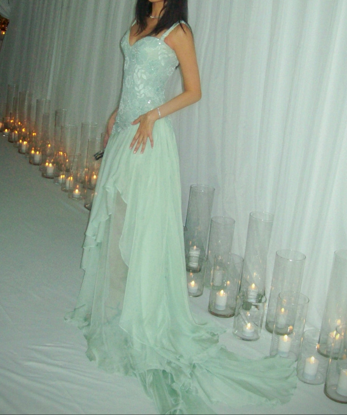 Embroidered Bodice Cascading Tier Evening Gown