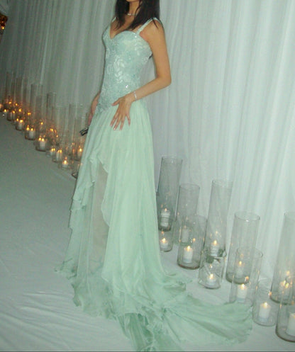Embroidered Bodice Cascading Tier Evening Gown