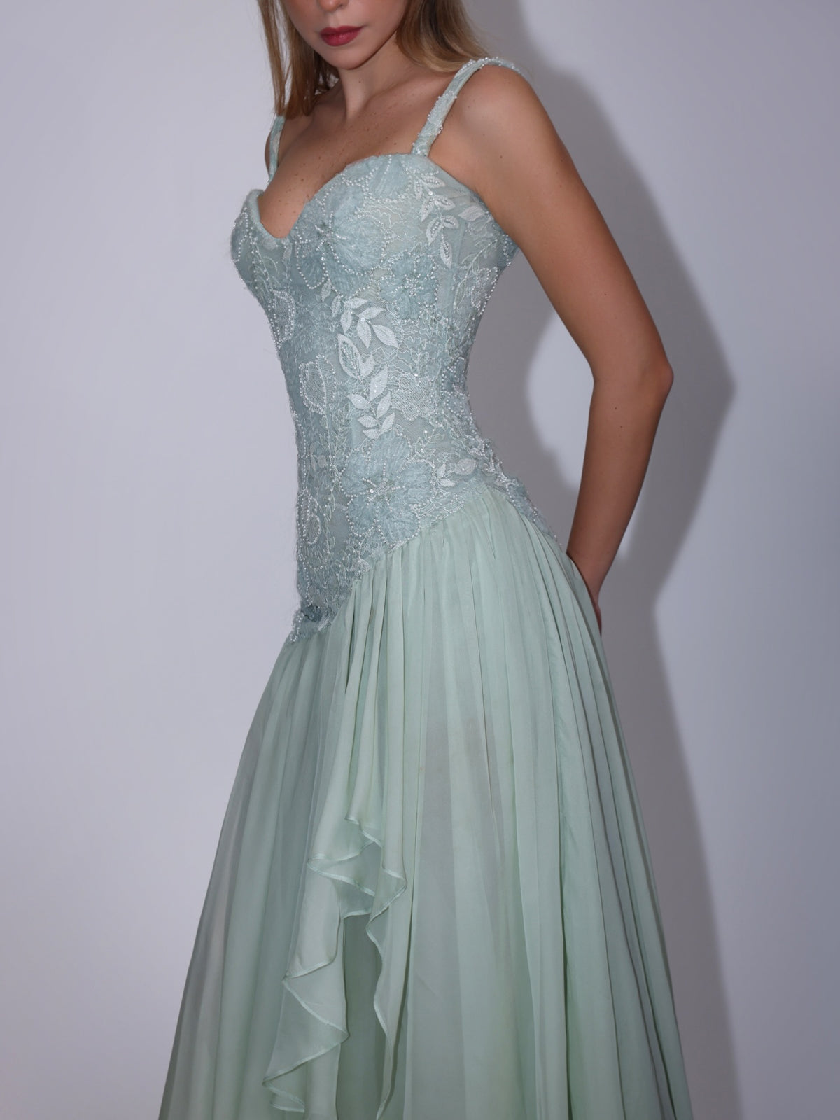 Embroidered Bodice Cascading Tier Evening Gown
