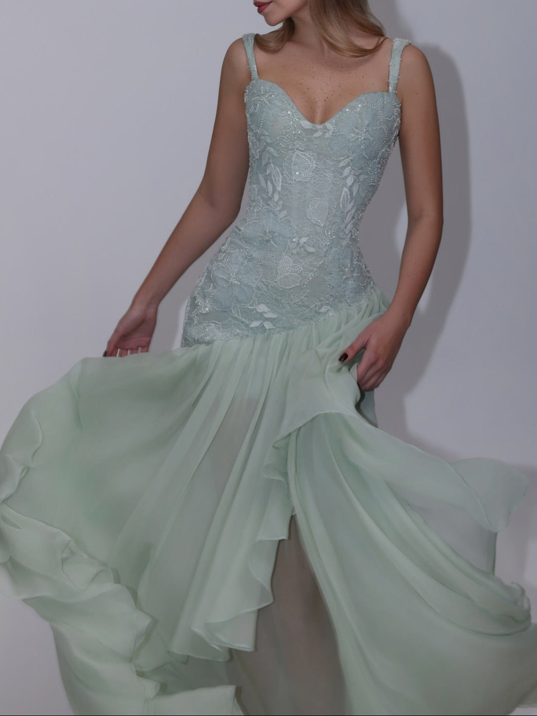 Embroidered Bodice Cascading Tier Evening Gown