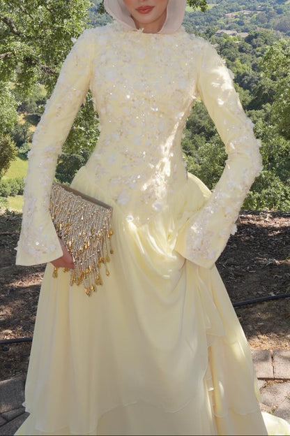Embroidered Floral Long Sleeve Floor-Length Gown
