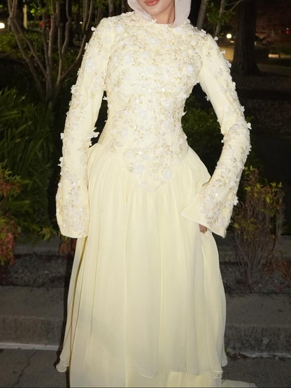 Embroidered Floral Long Sleeve Floor-Length Gown
