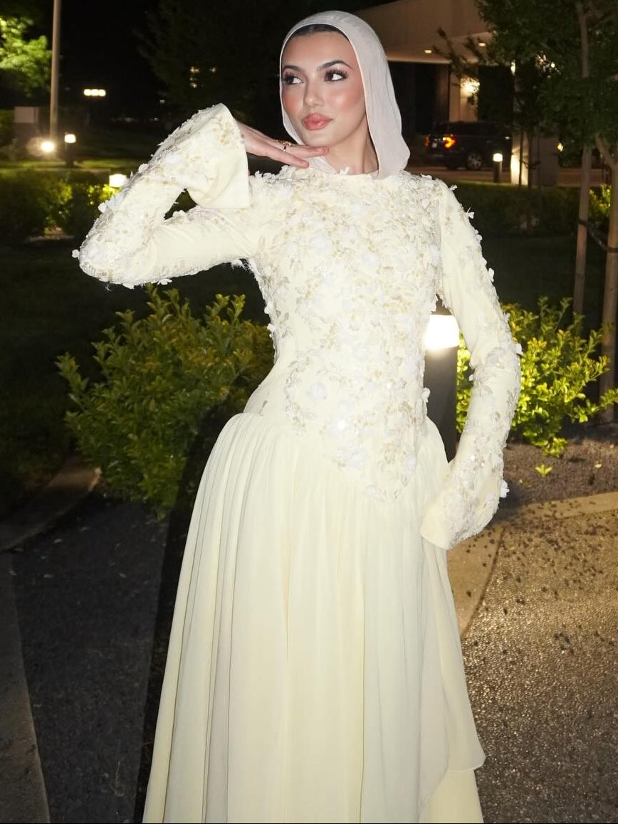 Embroidered Floral Long Sleeve Floor-Length Gown