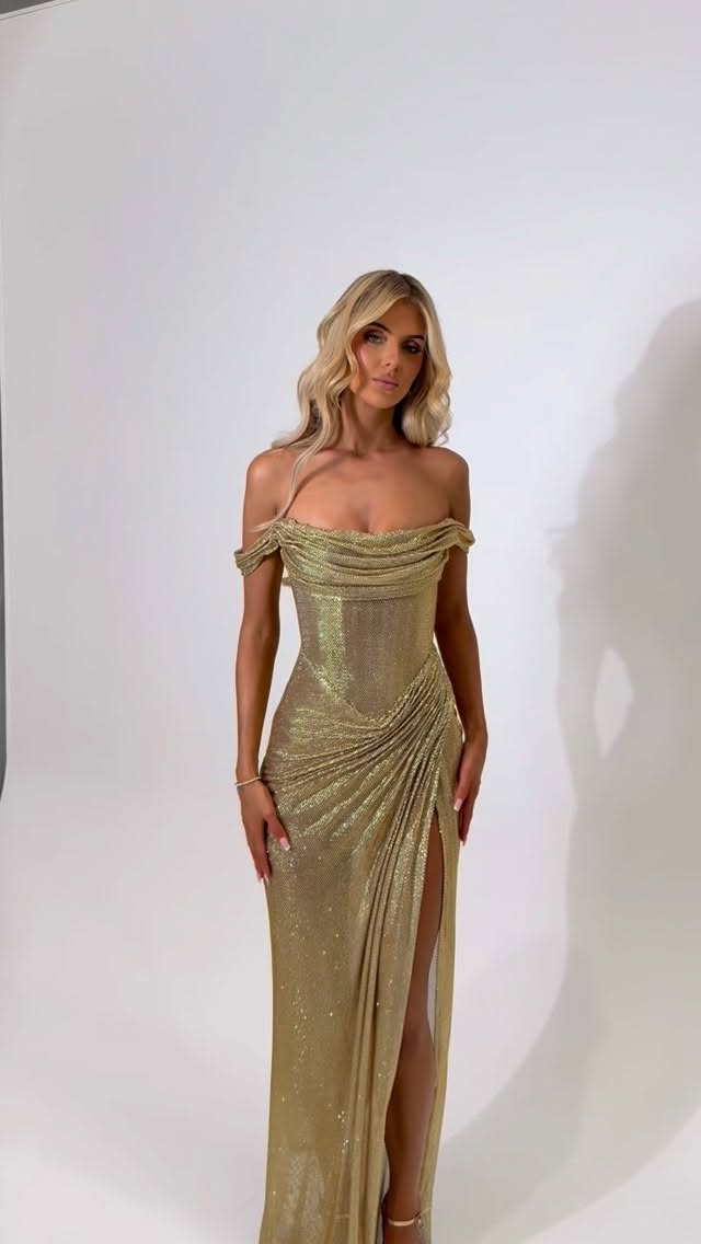 Sexy Gold Prom Dresses Sheath Long Evening Dress Off-shoulder Birthday Dress