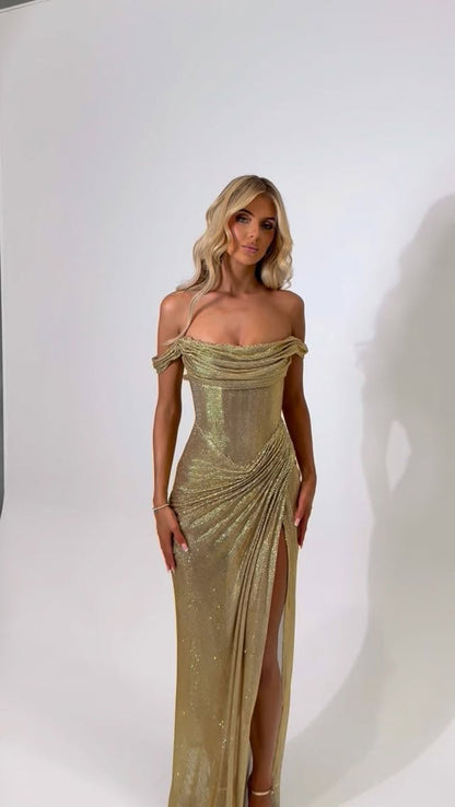 Sexy Gold Prom Dresses Sheath Long Evening Dress Off-shoulder Birthday Dress