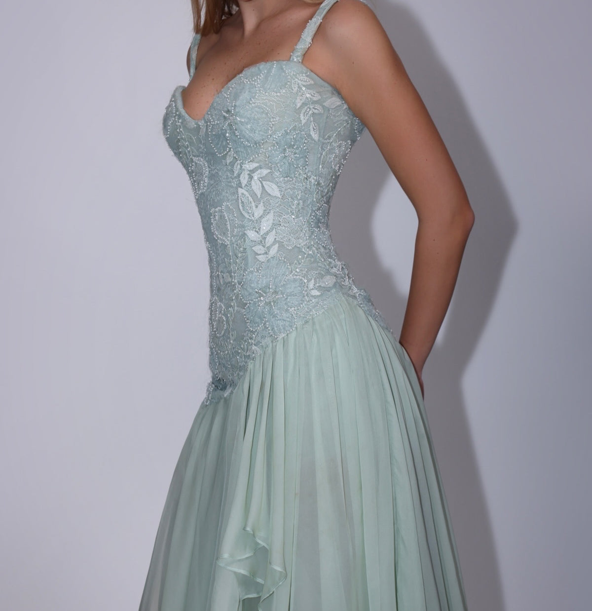 Embroidered Bodice Cascading Tier Evening Gown