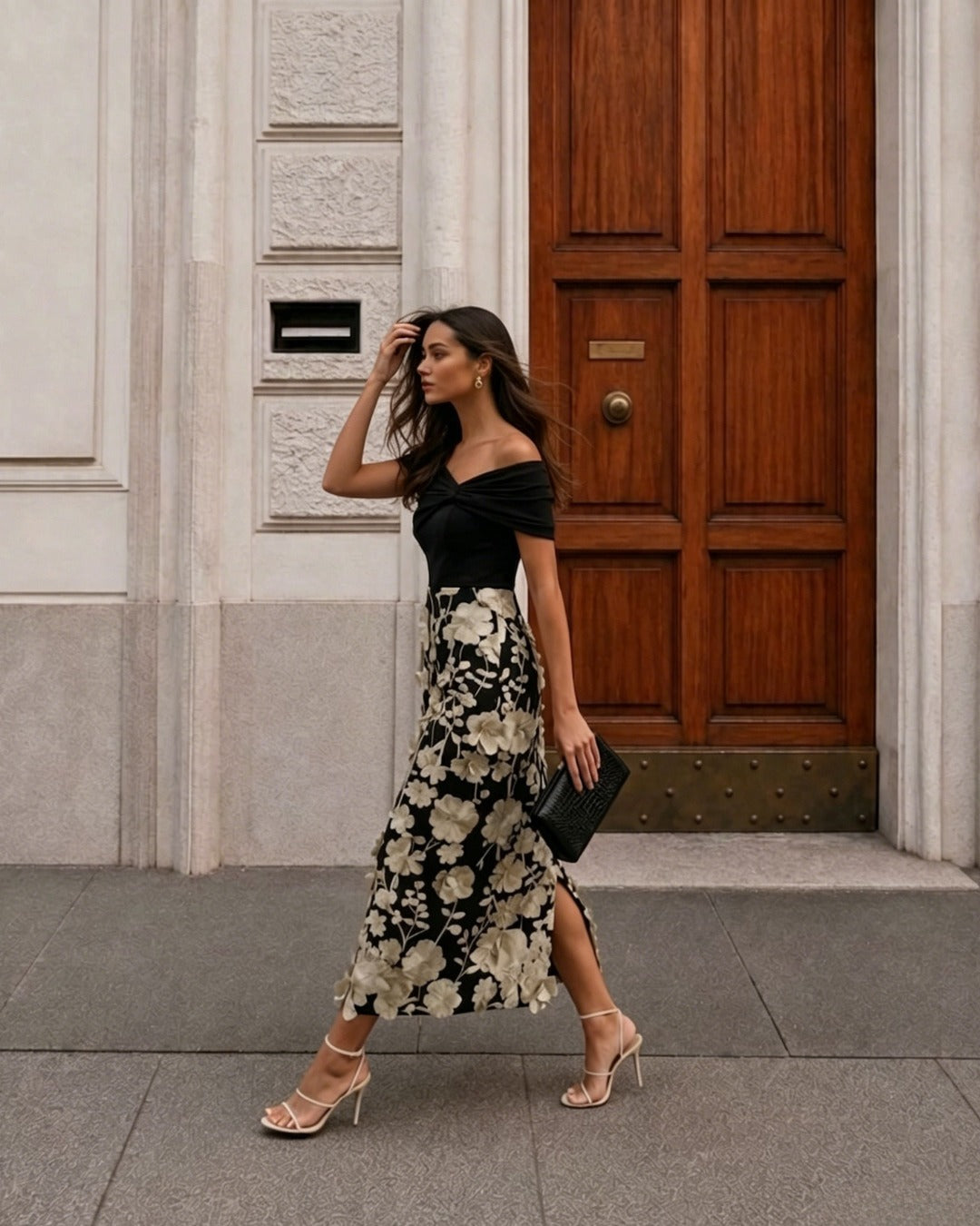 Off-Shoulder Floral Applique Midi Dress
