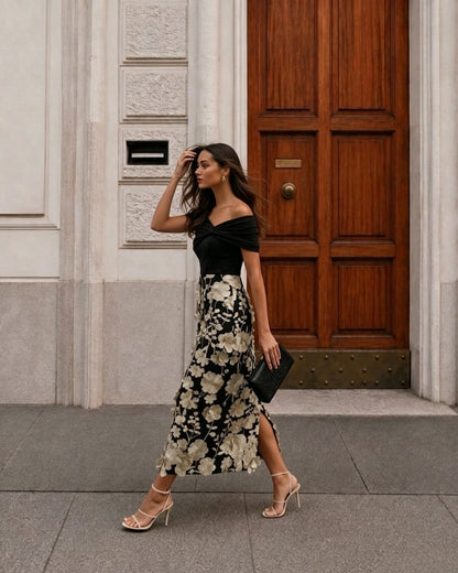 Off-Shoulder Floral Applique Midi Dress