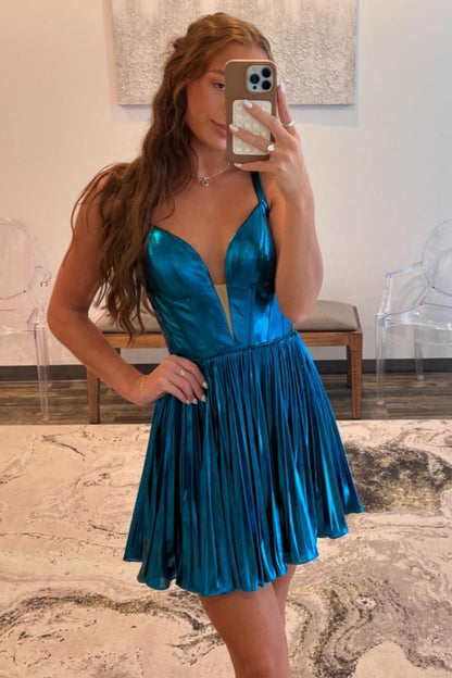 Dark Blue A-Line Straps Open Back Short Metallic Homecoming Dress