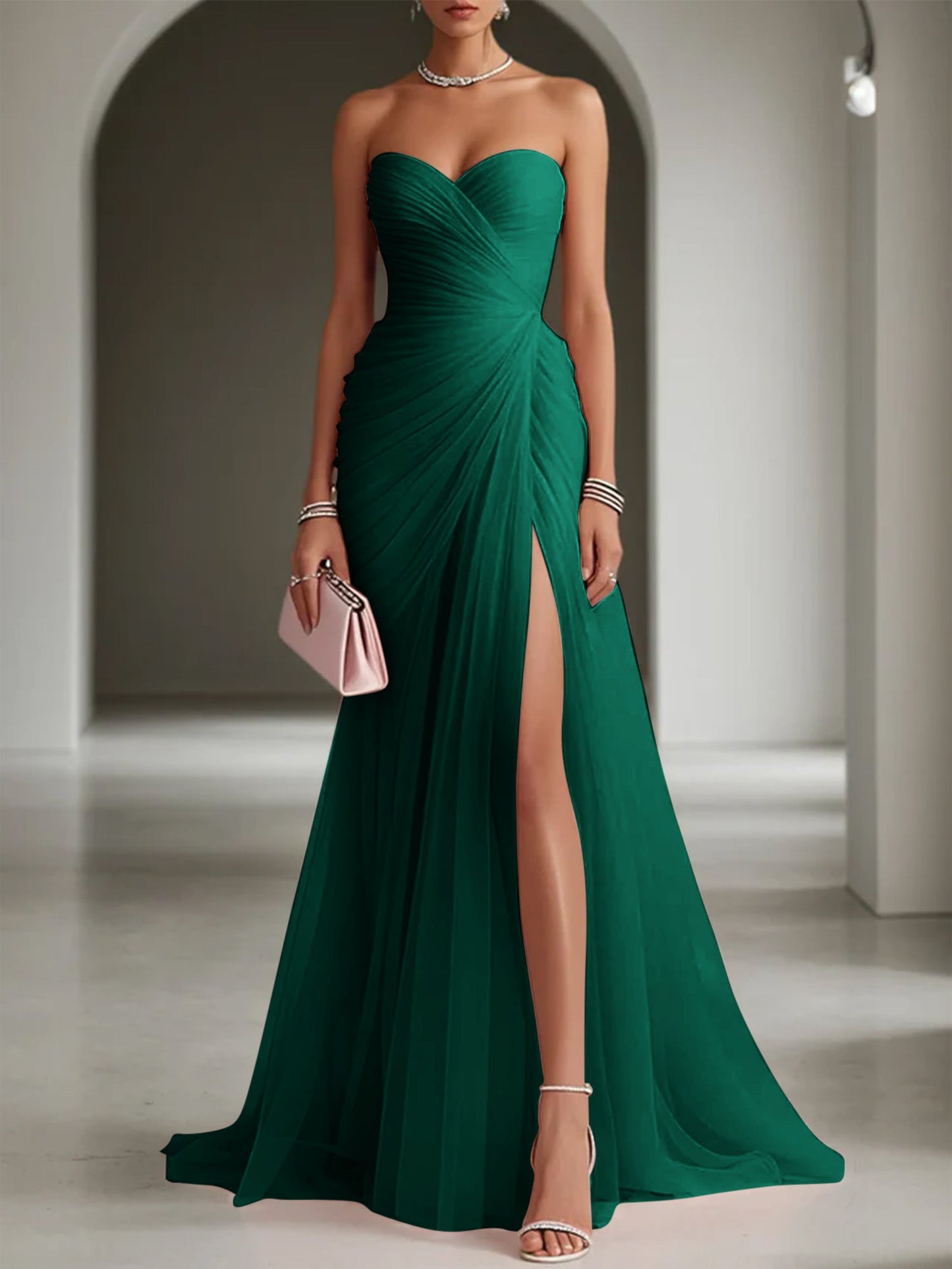Pink Ruched Slit Tulle Strapless Sleeveless Sheath Gown Dress
