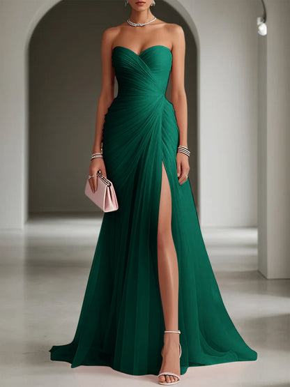 Pink Ruched Slit Tulle Strapless Sleeveless Sheath Gown Dress