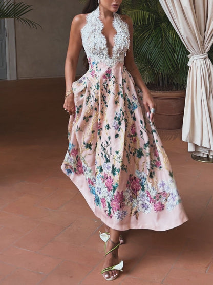Lace Halter Floral Ankle-Length A-Line Dress