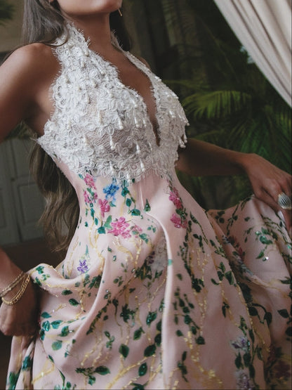 Lace Halter Floral Ankle-Length A-Line Dress