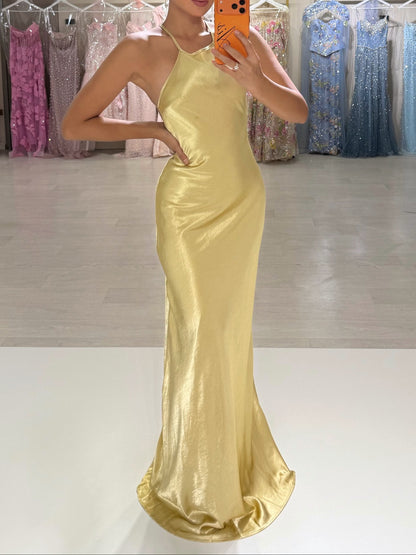 Halter Neck Open-Back Satin Gown with Crystal Detail