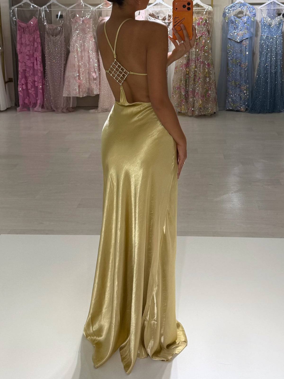 Halter Neck Open-Back Satin Gown with Crystal Detail