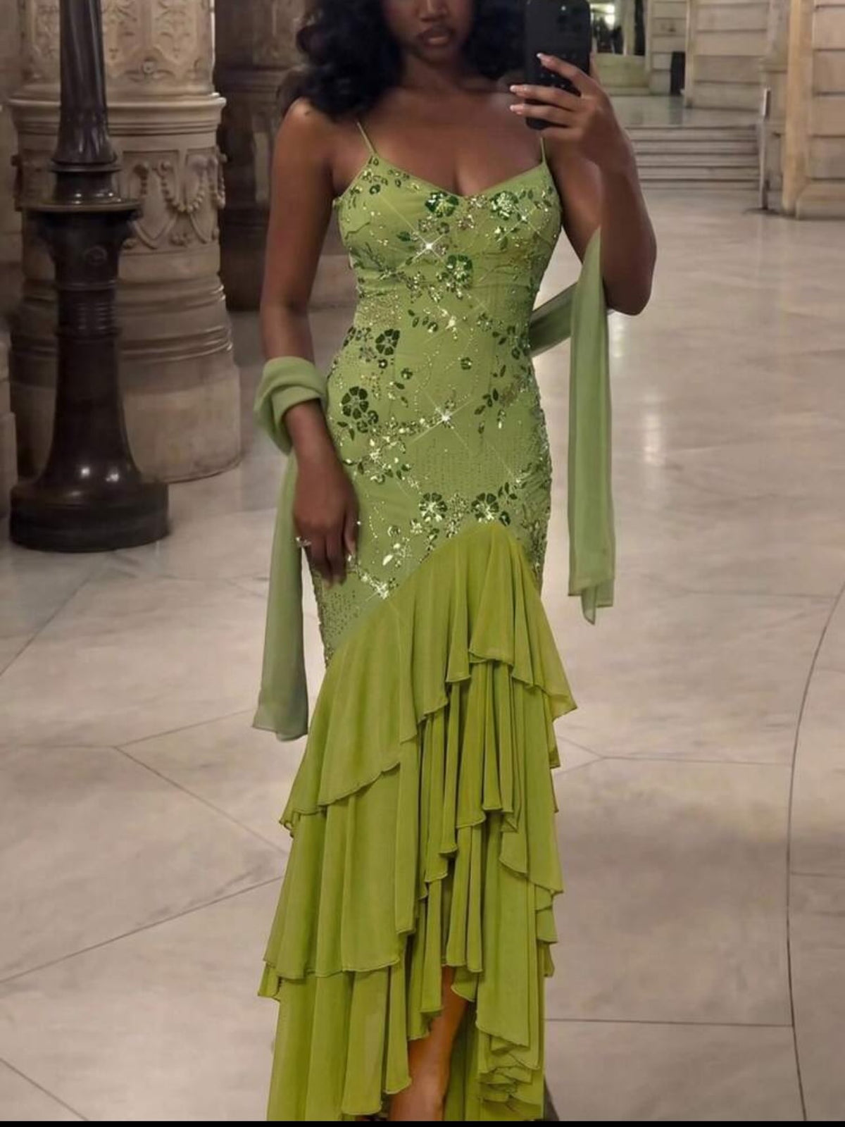 Sequin Embellished Lace-Up Tiered Ruffle Dress