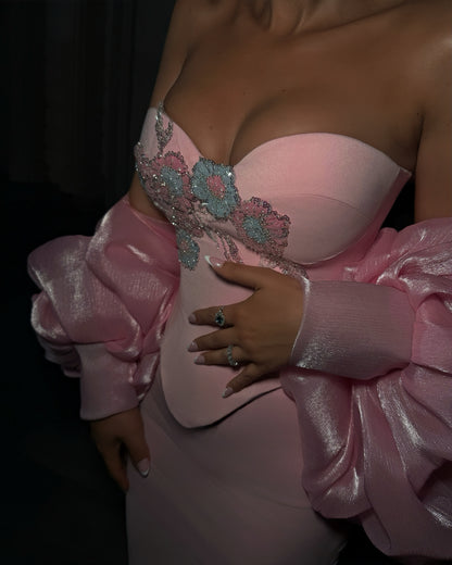Strapless Floral Sequin Gown with Puffy Sleeves