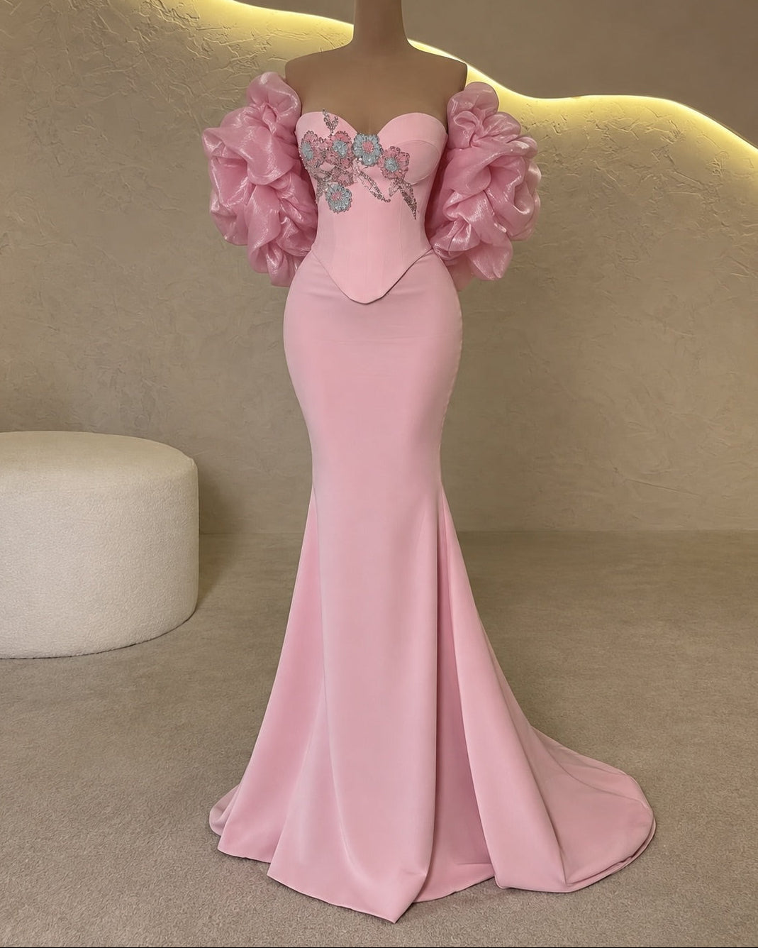 Strapless Floral Sequin Gown with Puffy Sleeves