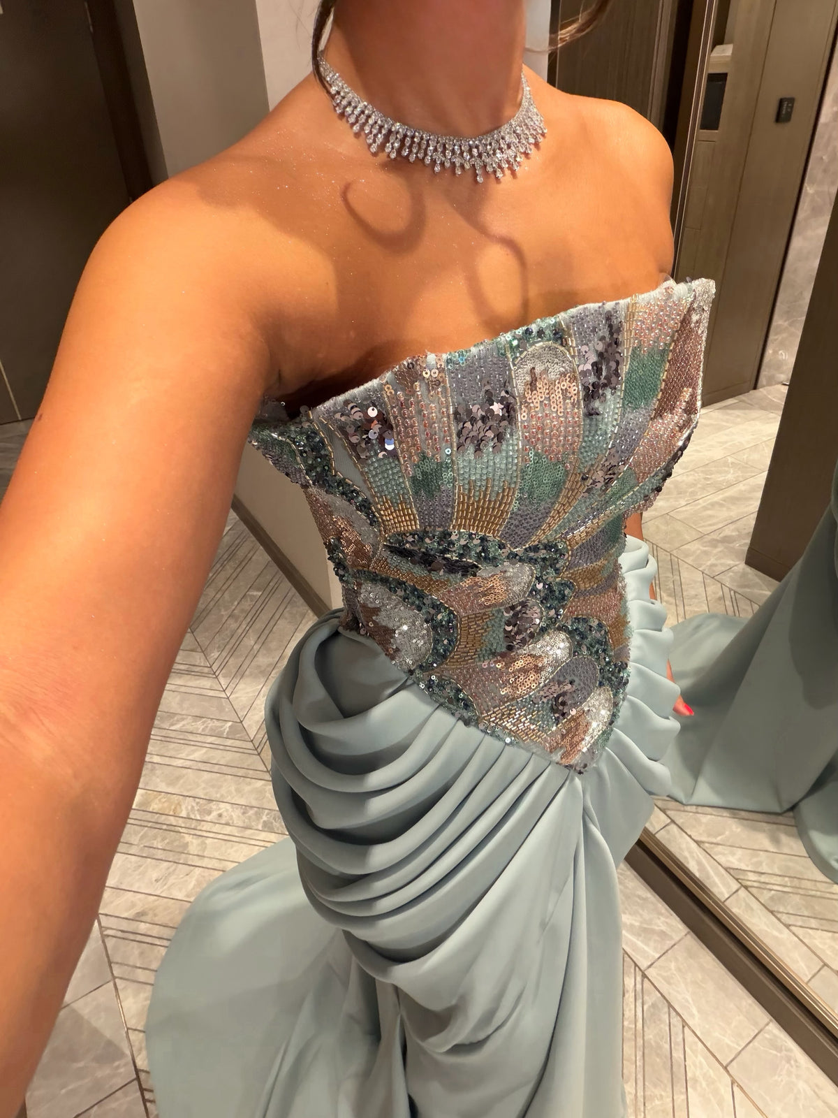 Sequin Corset Gown with Draped Train Skirt