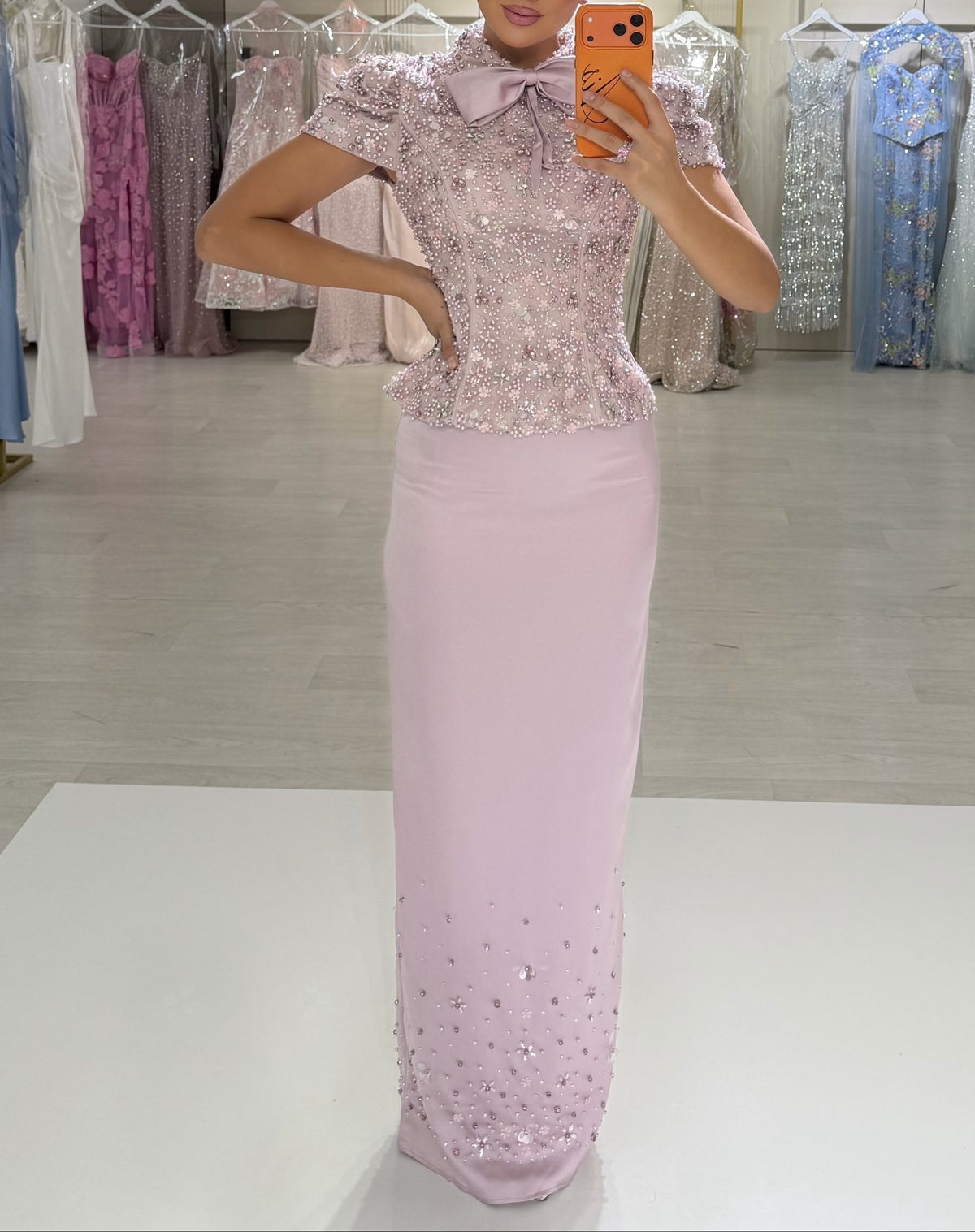 Beaded Peplum Column Gown with Bow Neckline