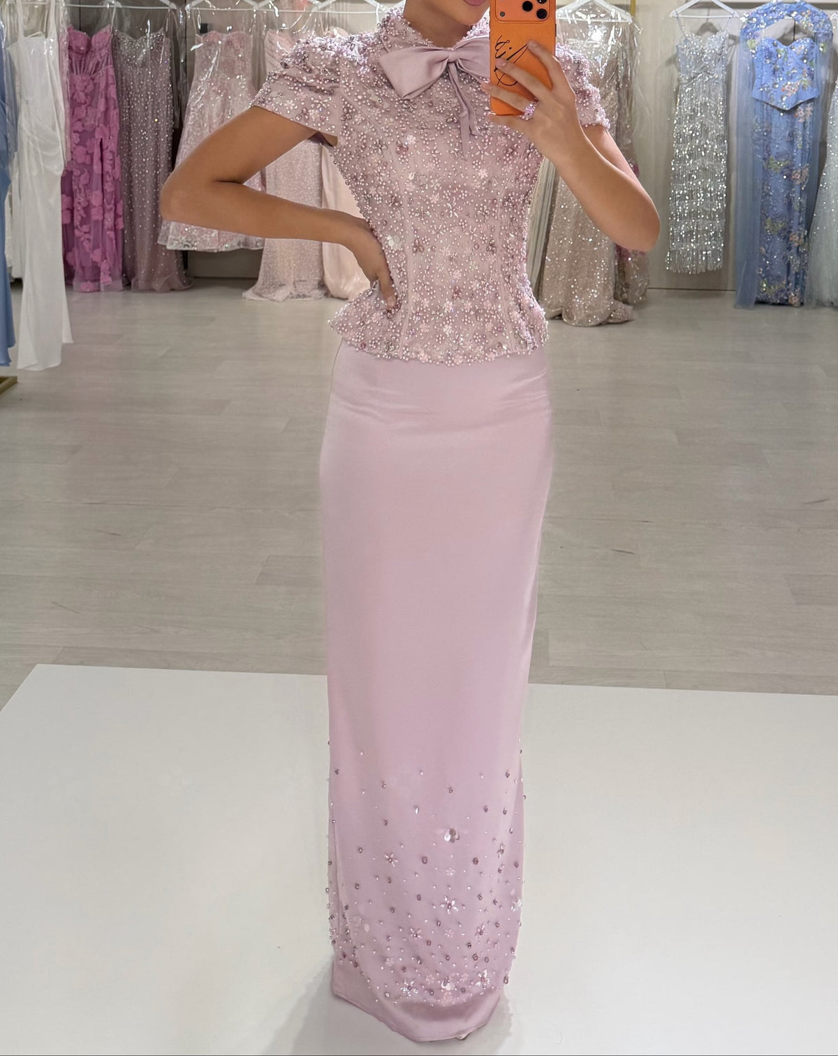 Beaded Peplum Column Gown with Bow Neckline