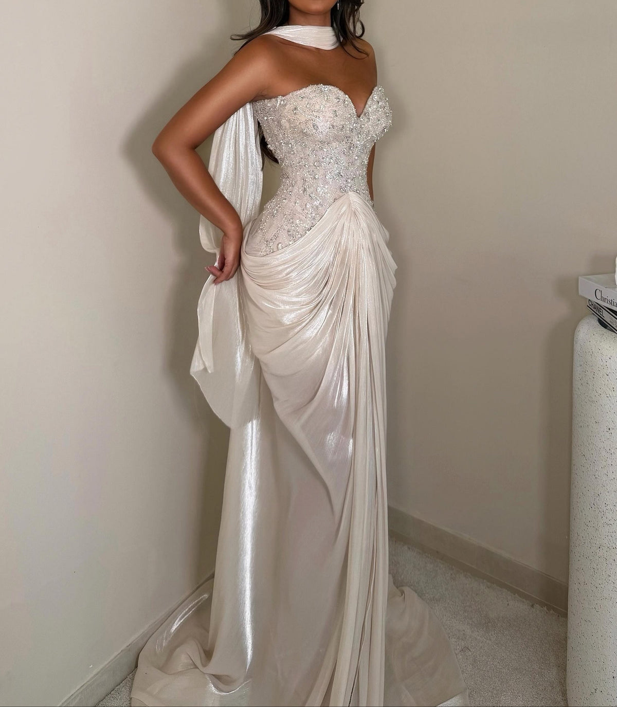Beaded Sweetheart Draped Gown with Front Slit