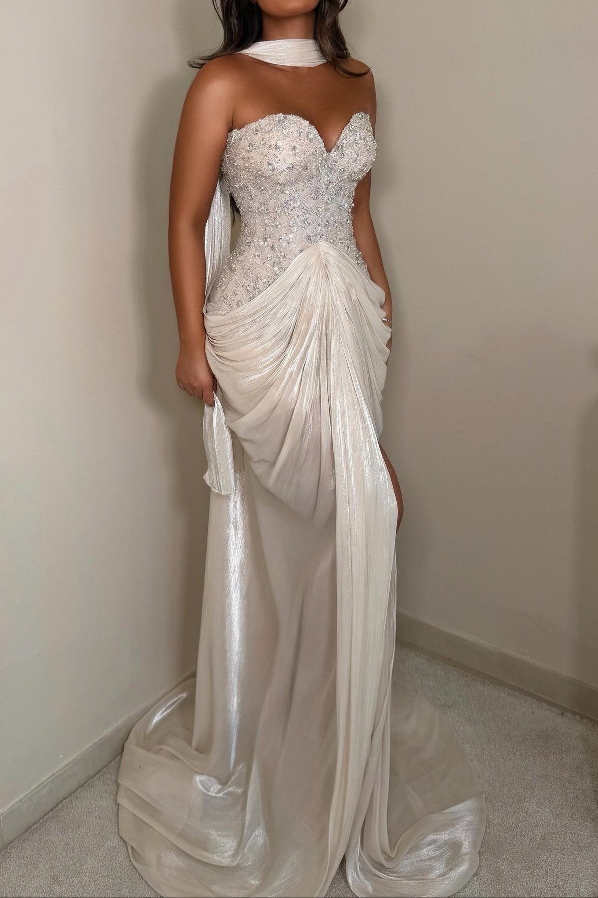 Beaded Sweetheart Draped Gown with Front Slit