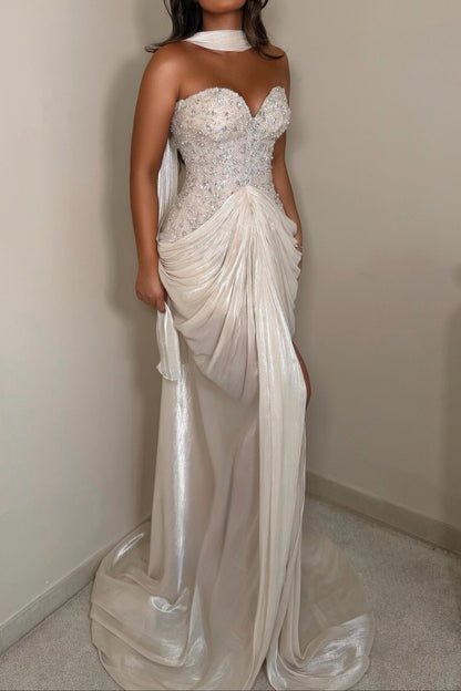 Beaded Sweetheart Draped Gown with Front Slit