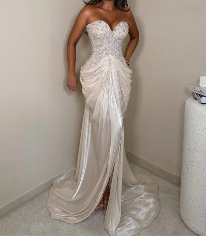 Beaded Sweetheart Draped Gown with Front Slit