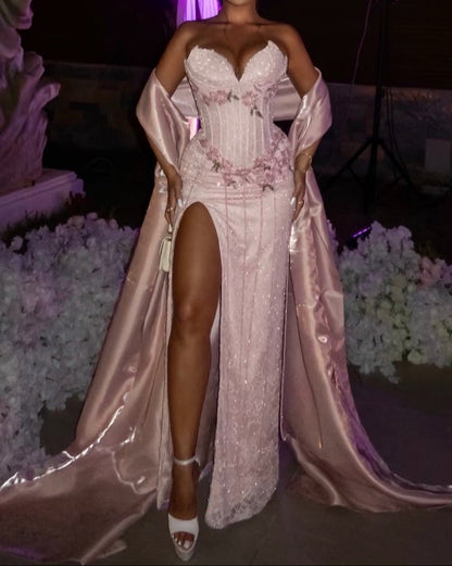 Corset Slit Evening Dress with Shawl Train