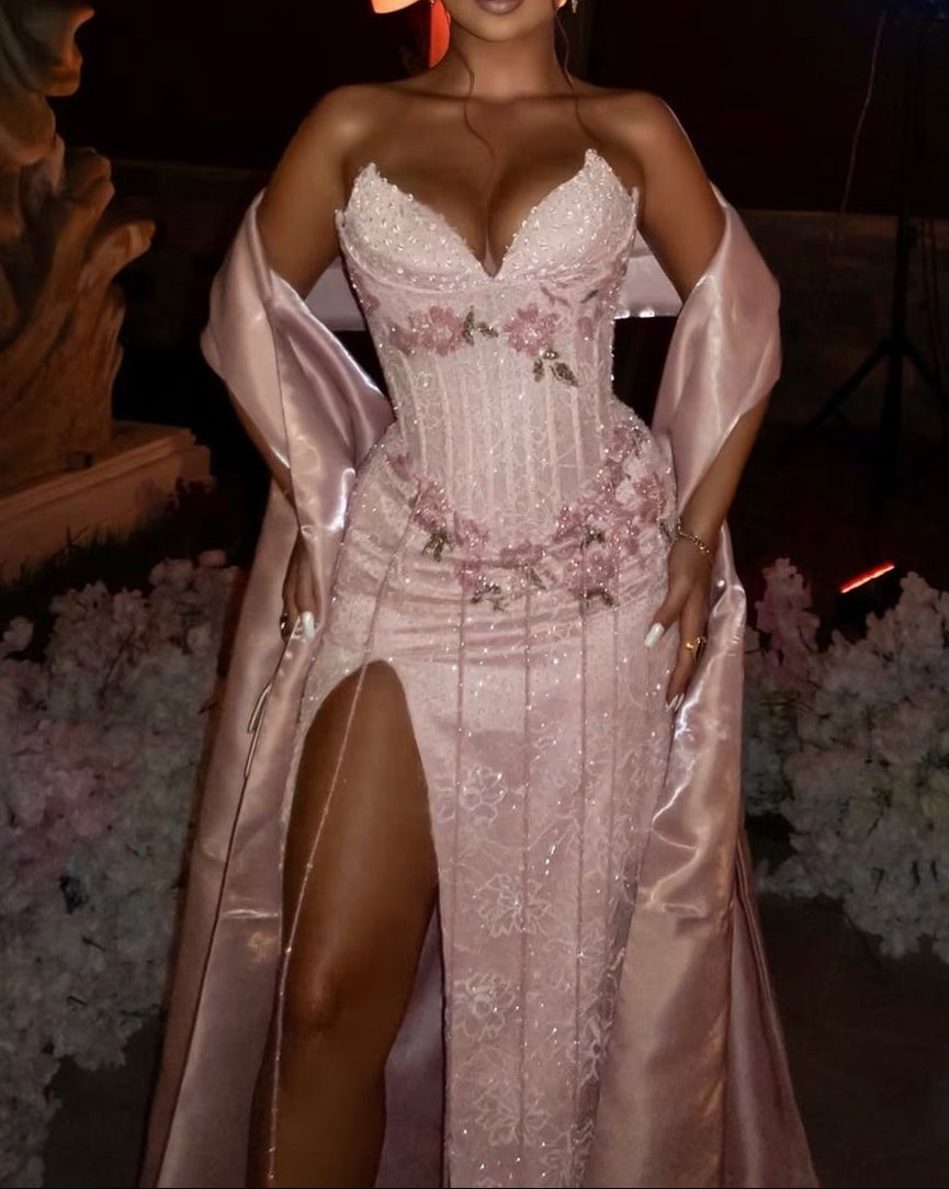 Corset Slit Evening Dress with Shawl Train