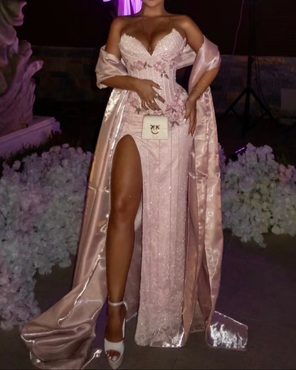 Corset Slit Evening Dress with Shawl Train