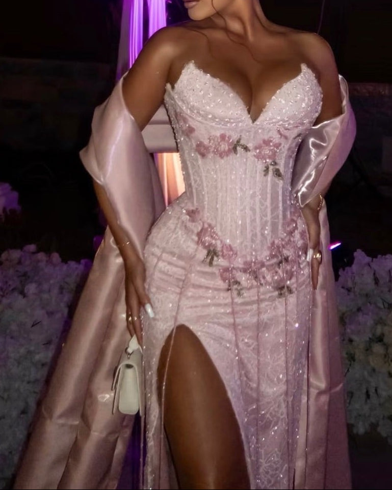 Corset Slit Evening Dress with Shawl Train