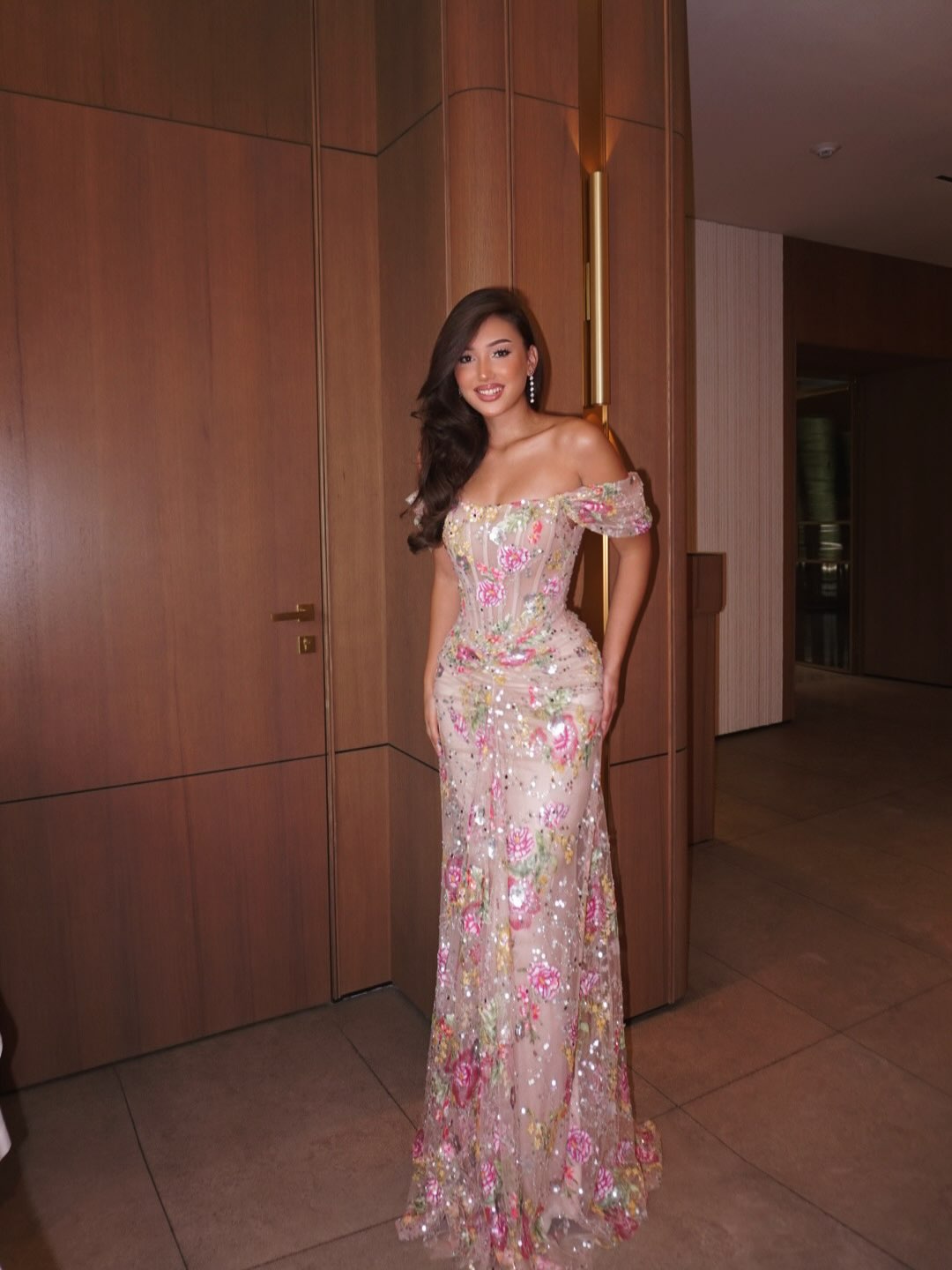 Floral Sequin Corset Gown with Off-Shoulder Sleeves